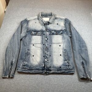R.SINE‎ Distressed Blue Denim Acid Wash Trucker Jacket Size L 90s Style Y2K